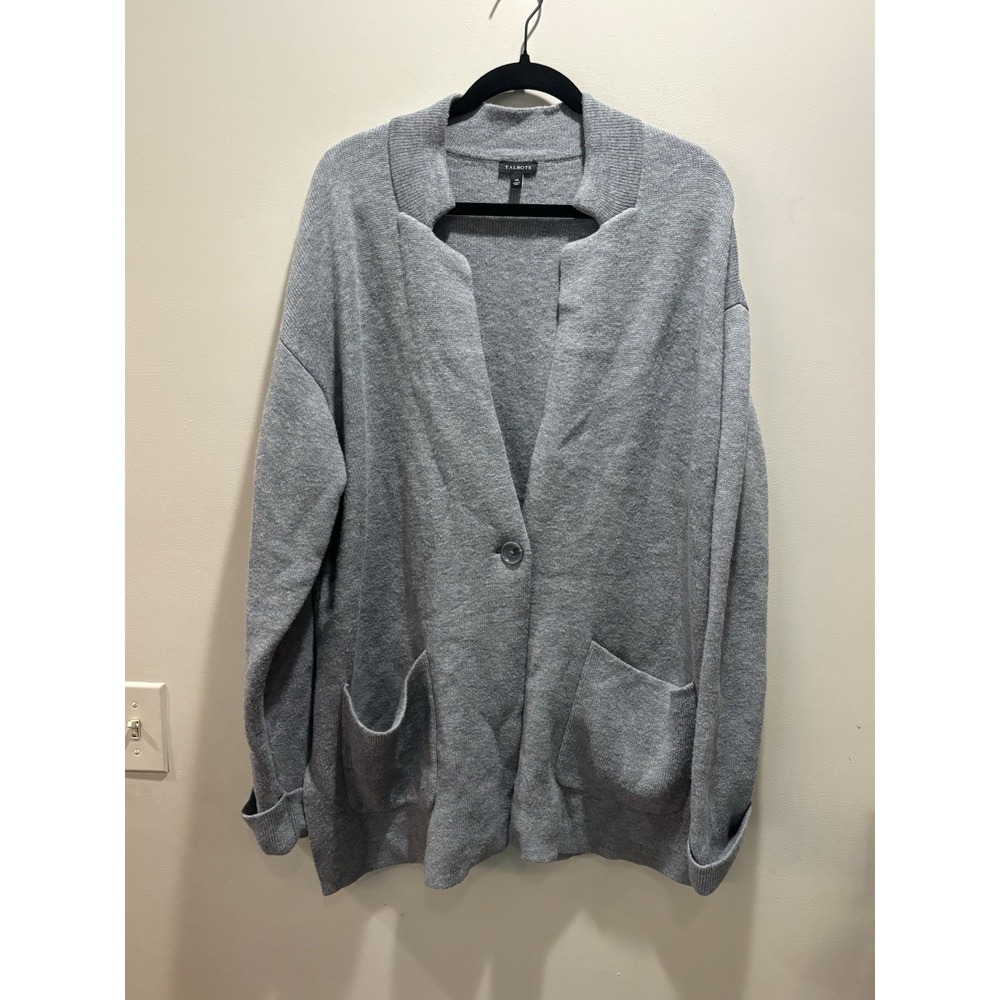 Talbots Women's Gray Knit Cardigan Sweater Blazer XL‎ Longline Button Pockets